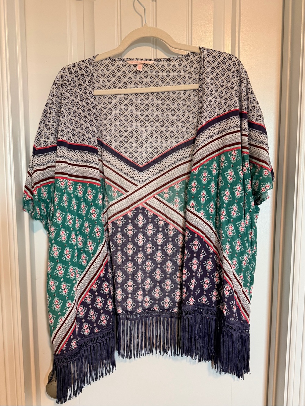 Victoria’s Secret Boho Fringe Kimono beach cover-up  - Green & purple XS/S